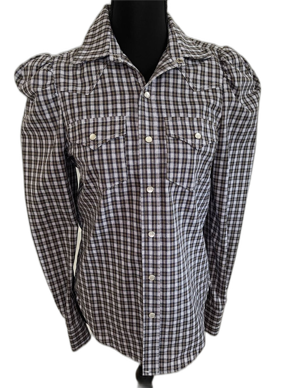 Greysn Brown Navy Plaid Puff Sleeve Western Pearl Snap Shirt Women’s XS Greyson